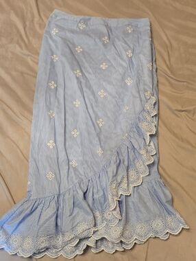 Chelsea28 Light Blue Eyelet Asymmetrical Ruffle Midi Skirt